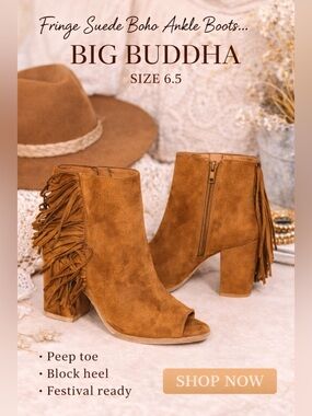 Big Buddha Suede Fringe Ankle Boots Peep Toe Block Heel Tan